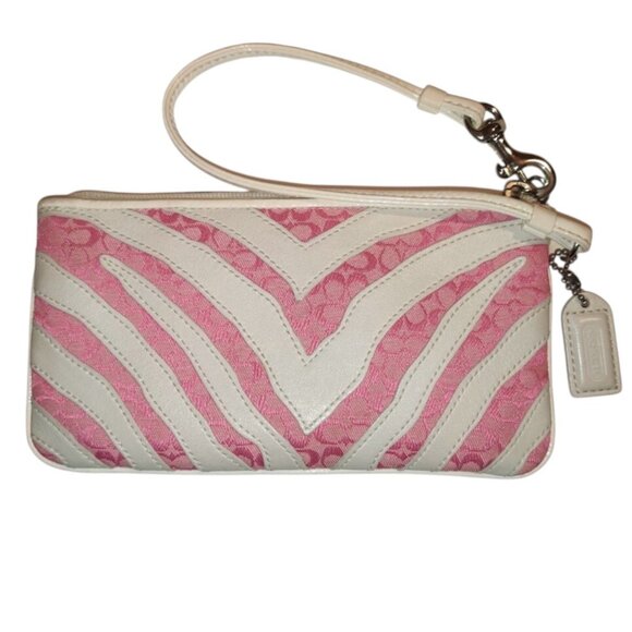 Coach Peyton Zebra Stripe Pink & White Wristlet - Picture 1 of 5
